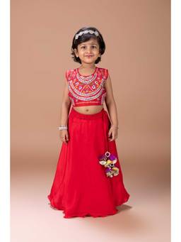 LITTLE BRATS - Dark Red Heavy Gota And Thread Embroidery Blouse With Ghagara Set
