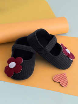 Baby Moo - Floral Applique Black And Red Booties