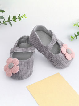 Baby Moo - Floral Applique Grey And Peach Booties