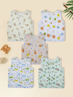Baby Moo - Car And Fruit Print V-Neck Sleeveless Multi-Colour Cotton Jhablas (Pack of 5)