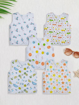 Baby Moo - Fruity Fun Prints V-Neck Sleeveless Multi-Colour Cotton Jhablas (Pack of 5)