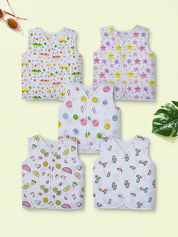 Baby Moo - Smiling Stars Printed V-Neck Multi-Colour Cotton Jhablas (Pack of 5)