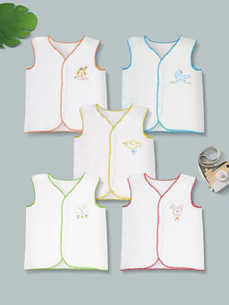 Baby Moo - Embroidered V-Neck Sleeveless Button Fly White Cotton Jhablas (Pack of 5)