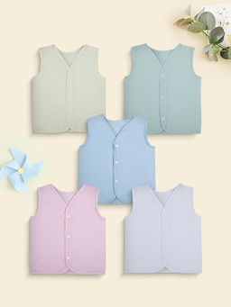 Baby Moo - Solid V-Neck Sleeveless Button Fly Multi-Colour Cotton Jhablas (Pack of 5)