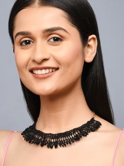 ToniQ - Stylish Gold Plated Black beaded Statement Necklace for Women