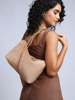 Twenty Dresses by Nykaa Fashion - Camel Brown Faux Suede Slouchy Hand Bag with Rope Detail for Women