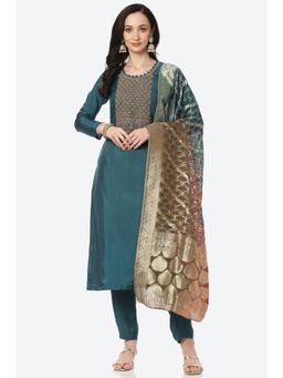 Biba - Teal Silk Unstitched Suit (Set of 3)