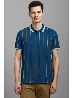 Louis Philippe - Men Navy Blue Stripes Polo Neck T-shirt