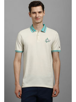Louis Philippe - Men Cream Embroidered Polo Neck T-shirt