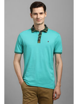 Louis Philippe - Men Sea Blue Solid Polo Neck T-shirt