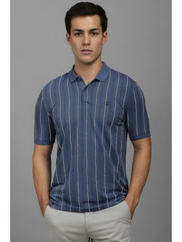 Louis Philippe - Men Blue Stripes Polo Neck T-shirt