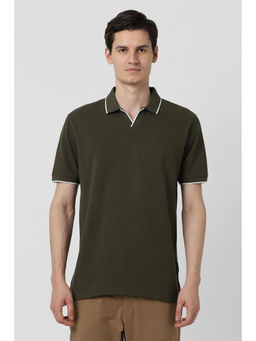 Peter England - Men Olive Textured Polo Neck T-shirt