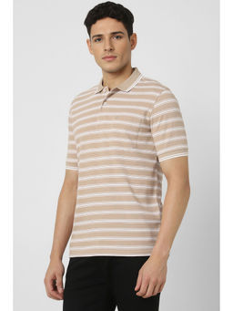 Peter England - Men Beige Stripes Polo Neck T-shirt