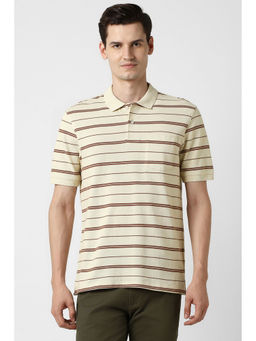 Peter England - Men Beige Stripes Polo Neck T-shirt