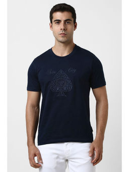 Van Heusen - Men Navy Blue Embroidered Crew Neck T-shirt
