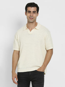 American Eagle - Men Off White Textured Polo T-shirt
