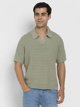 American Eagle - Men Green Textured Polo T-shirt