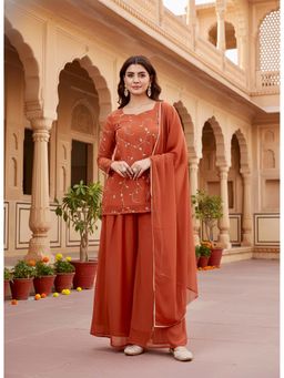 MOKOSH - Orange Women's Georgette Embroidered Kurti with Palazzo and Dupatta