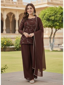 MOKOSH - Brown Women's Georgette Embroidered Kurti with Palazzo and Dupatta
