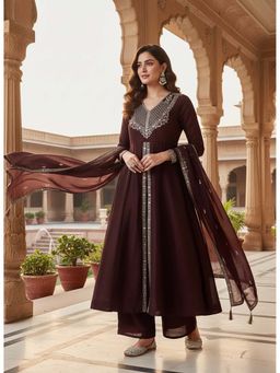 MOKOSH - Brown Women's Embroidered Silk Anarkali Kurta with Pant and Dupatta