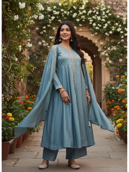 MOKOSH - Blue Women's Embroidered Silk Anarkali Kurta with Pant and Dupatta