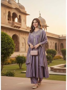 MOKOSH - Purple Women's Embroidered Silk Anarkali Kurta with Pant and Dupatta