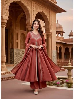 MOKOSH - Brown Women's Embroidered Silk Anarkali Kurta with Pant and Dupatta