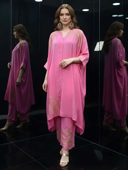 Dora Dori - Women's Pink Embroidered Kaftan With Pant