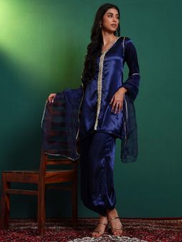 SALVIA SKY - Women's Blue Satin V-Neck Embellished Kurta with Pant and Dupatta