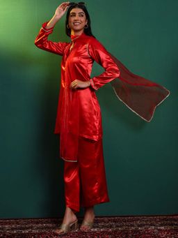 SALVIA SKY - Women's Red Satin V-Neck Embellished Kurta with Palazzo and Dupatta