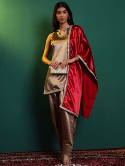 SALVIA SKY - Women's Gold Satin Round Neck Embellished Kurta with Salwar and Dupatta