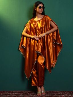 SALVIA SKY - Women's Mustard Satin Round Neck Embellished Kaftan with Pant