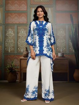 INDDUS - Women Floral Beads and Stone White Co-ord Set