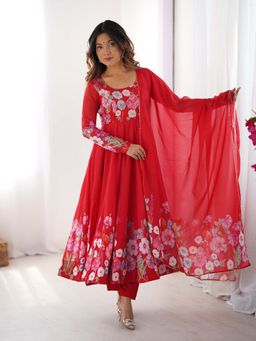 JATRIQQ - Women's Red Organza Printed Anarkali Kurta with Pant and Dupatta