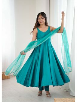 JATRIQQ - Women's Teal Chanderi Plain Anarkali Kurta with Pant and Dupatta