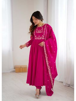 JATRIQQ - Women's Pink Silk Blend Thread Work Anarkali Kurta with Pant and Dupatta