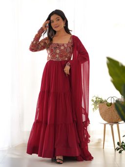 JATRIQQ - Women's Maroon Georgette Thread Work Anarkali Kurta with Pant and Dupatta