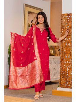 Meeranshi - Women's Red Art Silk Zari Kurta with Pant and Dupatta