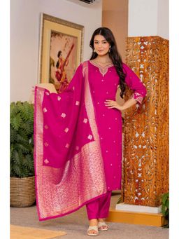 Meeranshi - Women's Pink Art Silk Zari Kurta with Pant and Dupatta