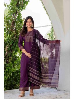 Meeranshi - Women's Purple Linen Zari Kurta with Palazzo and Dupatta