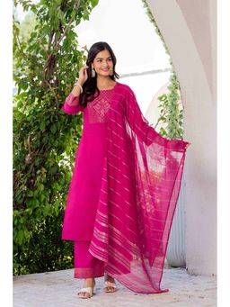 Meeranshi - Women's Pink Linen Zari Kurta with Palazzo and Dupatta