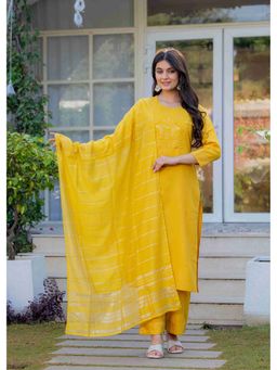 Meeranshi - Women's Yellow Linen Zari Kurta with Palazzo and Dupatta