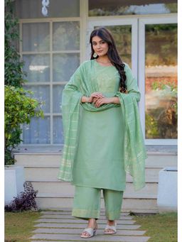 Meeranshi - Women's Green Linen Zari Kurta with Palazzo and Dupatta