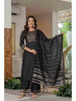 Meeranshi - Women's Black Linen Zari Kurta with Palazzo and Dupatta