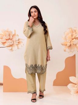 STUDIO MISRI - Women's Embroidered Beige Kurta with Pant