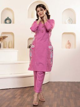 STUDIO MISRI - Women's Embroidered Pink Kurta with Pant