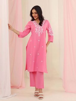 STUDIO MISRI - Women's Embroidered Pink Kurta with Pant
