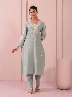 STUDIO MISRI - Women's Embroidered Aqua Kurta with Pant