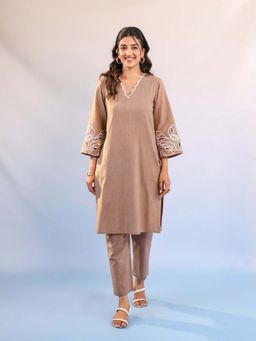 STUDIO MISRI - Women's Embroidered Brown Kurta with Pant