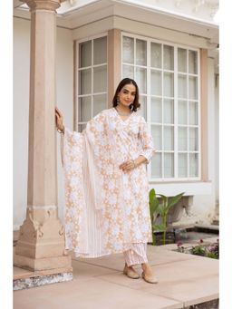 Nehamta - Women's Cotton Beige Kurta with Pant and Dupatta
